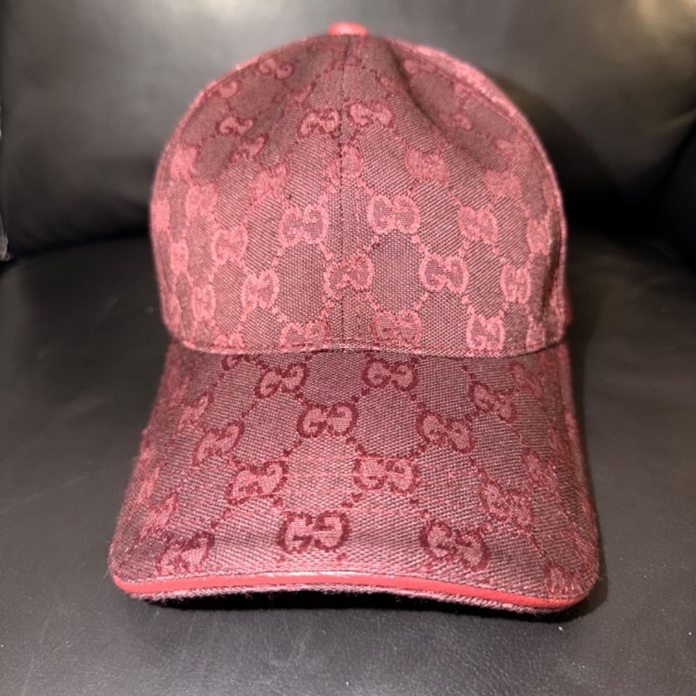 UNISEX GUCCI GG MONOGRAM CANVAS BASEBALL CAP BURGUNDY ADJUSTABLE HAT - Picture 2 of 6